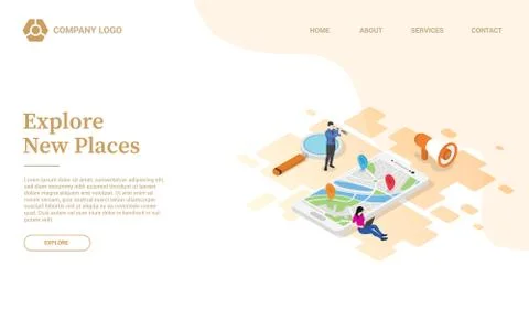 Discover or explore new places via smartphone gps website template or landing Stock-Illustration