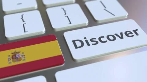 DISCOVER text and flag of Spain on the buttons on the computer keyboard Stock Illustration