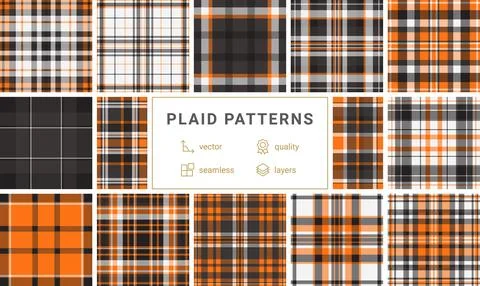 Discover a vibrant seamless plaid pattern in orange, black, and white. This.. イラスト素材
