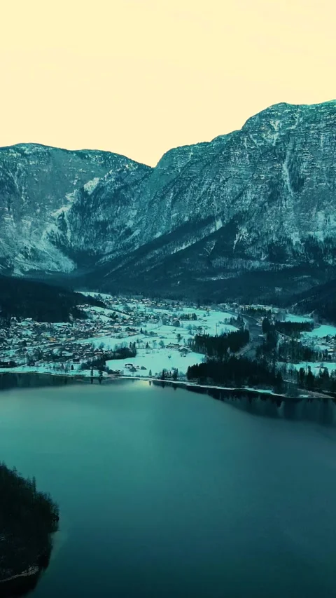 Discover Winter Magic Lake Hallstatt Above Vertical Video Video stock 334880315