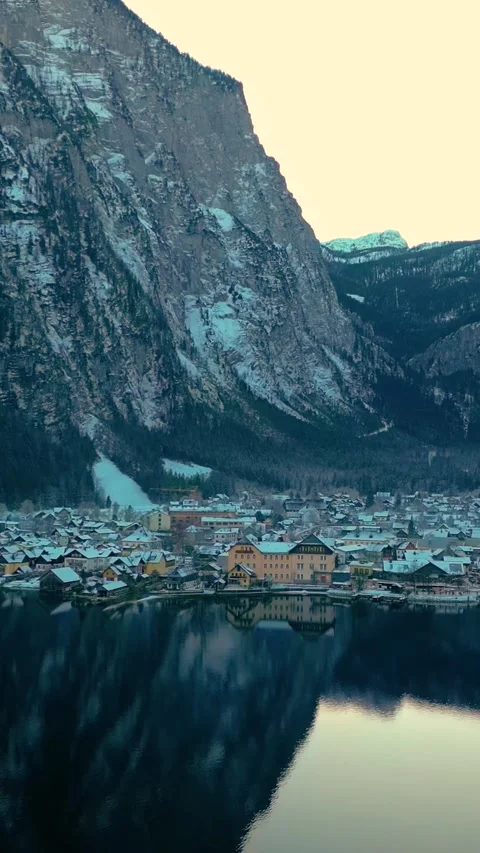 Discover Winter Magic Lake Hallstatt Above Vertical Video Stock Footage 334880653