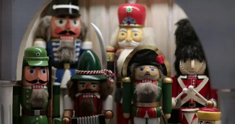 Discovering charming Christmas decorations featuring nutcracker figures in a Video stock 312605683