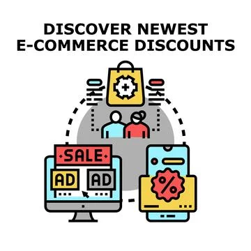 Discovering newest e commerce discounts and online sales promotions Stock Illustration
