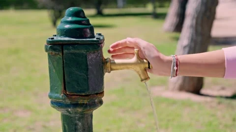 Discovering refreshment at an old-fashioned water pump in a sunny park on a warm Stock Footage 308809904