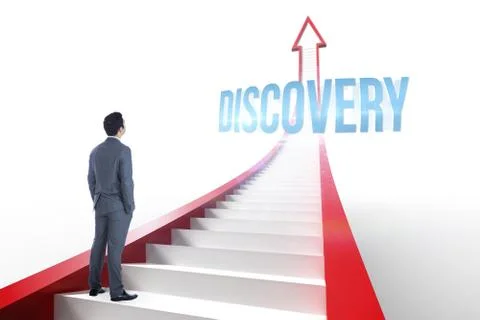 Discovery against red arrow with steps graphic Stock Illustration