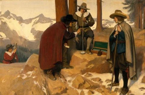 The discovery of the barometer: Torricelli experimenting in the Alps, 1643... Stock Illustration
