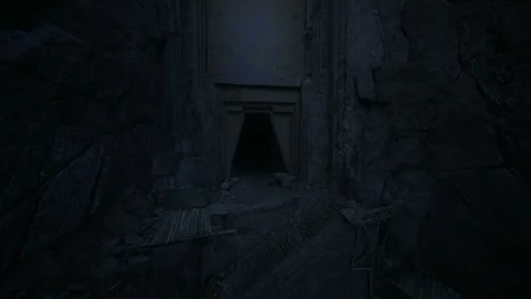 Discovery of hidden stone doorway surrounded by debris in city environment Stock Footage 343620656