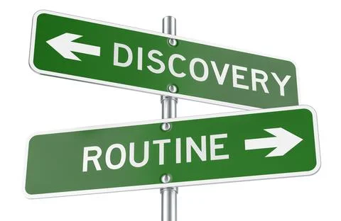 Discovery or Routine green direction arrows, street signs. 3D rendering Stock Illustration