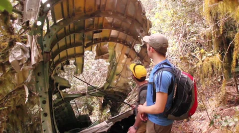 Discovery of plane wreck on hike 库存影片 28500321