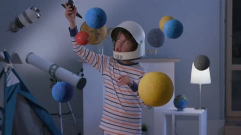 Discovery of Playful Cosmonaut on Modern Plane. Imagination Fly or Rocket Launch Stock Footage 199477884