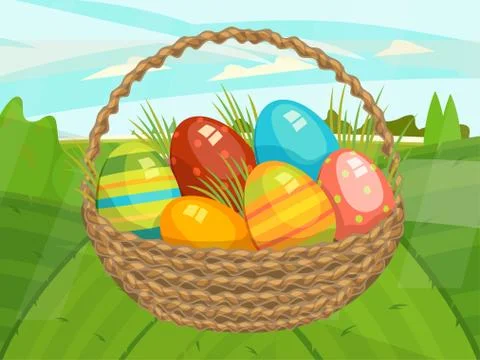Discreet concept happy spring easter holiday, big basket with bright colorful Stock Illustration
