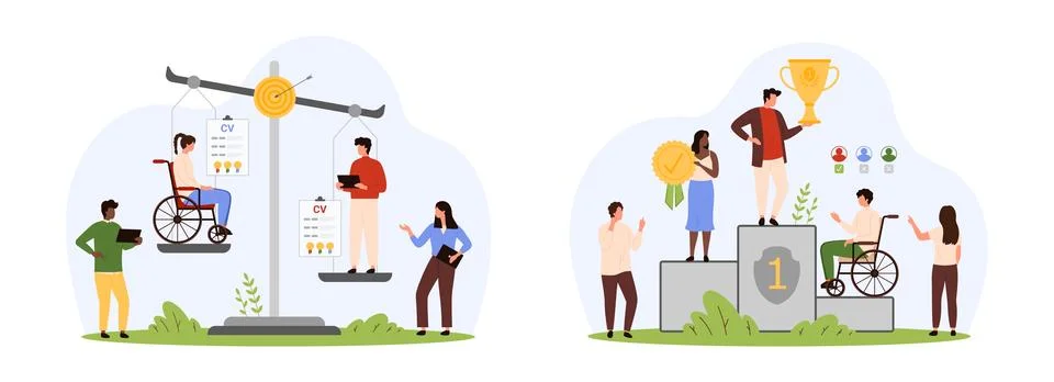Discrimination in employment, ableism set, tiny people select CV employees using 스톡 일러스트