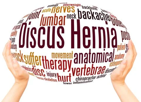 Discus Hernia word cloud hand sphere concept Stock Photos