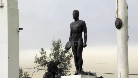 Discus Thrower Statue of the National Stadium in Santiago, Chile. Stock Footage 257260572