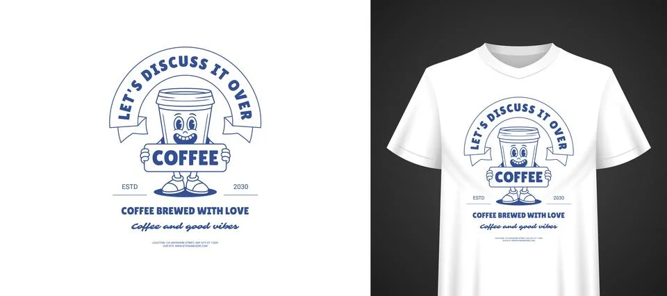 Discuss It Over Coffee Vector Template  Cartoon TShirt Print Stock Illustration
