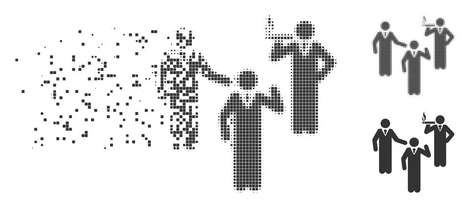 Discuss Standing Persons Dissolved Pixel Halftone Icon Stock Illustration