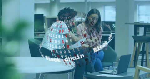 Discussing blockchain technology, diverse colleagues with digital binary globe Stock Footage 304075535