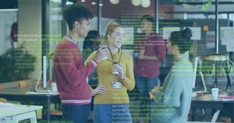 Discussing code, three lanyard clad colleagues holding coffee in office, with Stock Photos