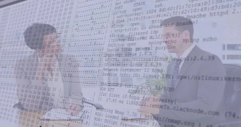 Discussing computer code, business professionals with animation of network data Stock Footage 303556270