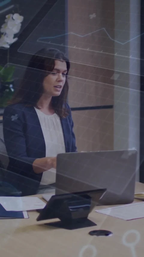 Discussing data analysis, business professionals in office with digital network Stock Footage 319811186