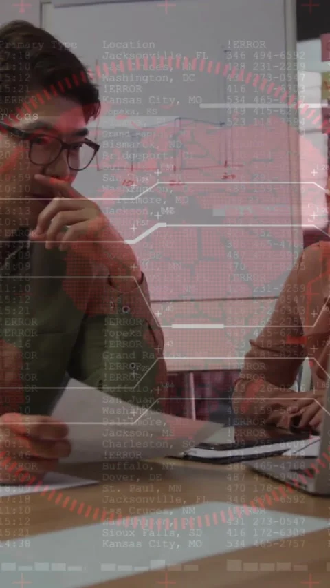 Discussing data analysis, colleagues with animation of numbers and graphs in Stock Footage 319811648