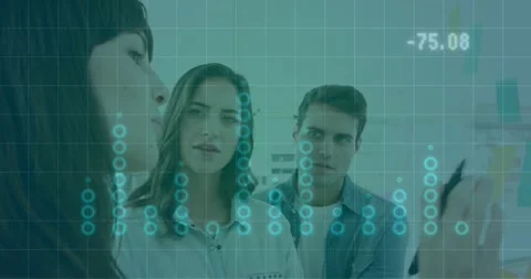 Discussing data analysis, people using animation with digital graph in office Stock Footage 327004496