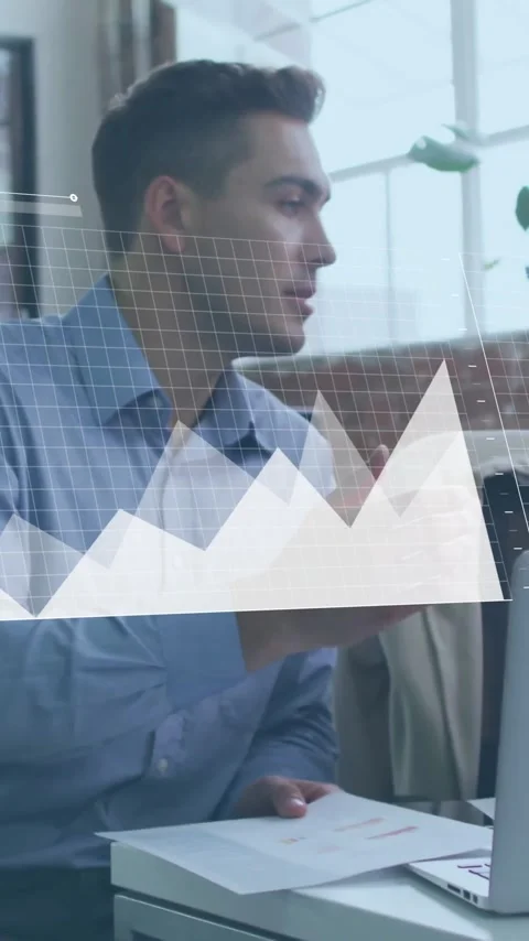 Discussing data analytics with animation of graphs, business professionals in Stock Footage 344370316
