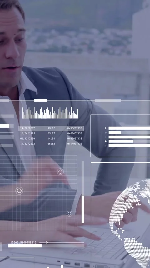 Discussing data analytics, business professionals using digital interface in Stock Footage 319617565