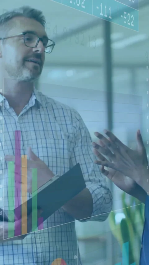 Discussing data analytics, business professionals with colorful graphs animation Stock Footage 320034901