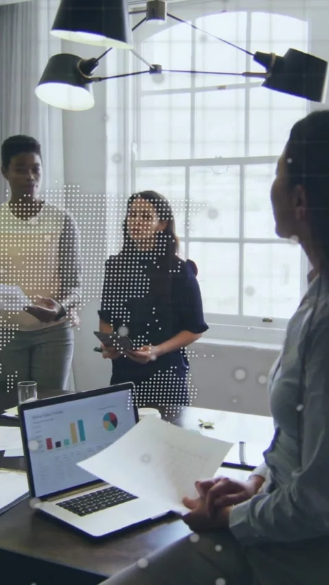 Discussing data analytics, business team with digital world map animation in Stock Footage 319055834