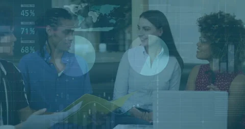 Discussing data analytics, diverse professionals in business meeting with Stock Footage 305033383