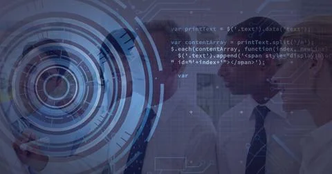 Discussing data, five executives in suits pointing at hologram in boardroom, Stock Photos