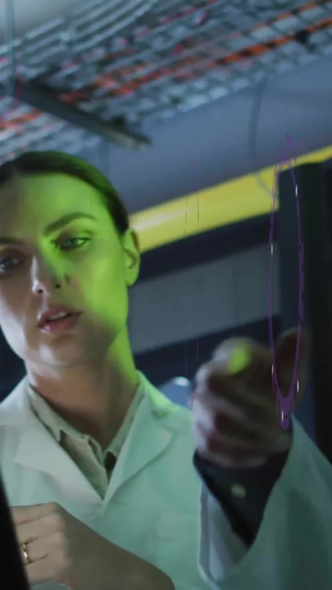 Discussing data on laptop, scientists in lab coats with green lighting Stock Footage 344285216