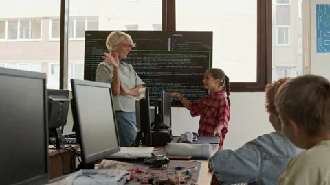 Discussing Data at Lesson while Teacher Pointing at Boy Raising Hand Stock Footage 316482117