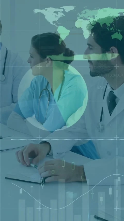 Discussing data, medical professionals with global health statistics animation Stock Footage 342954425