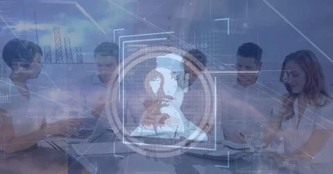 Discussing data via translucent interface by team in meeting room, with laptops Stock Photos