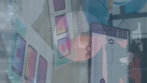 Discussing design concepts, team in office with animated data visualization Stock Footage 313187072