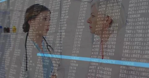 Discussing digital code overlay, doctors collaborating in hospital corridor, Stock-Fotos