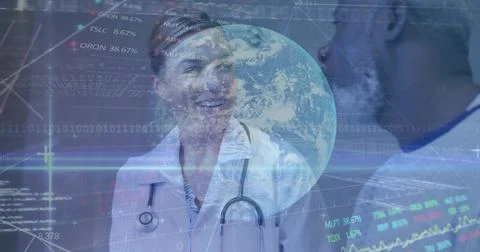 Discussing doctors analyzing globe overlay data in hospital, wearing white co Stock Photos