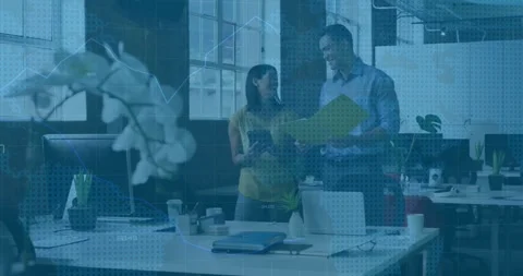 Discussing documents, business professionals with data processing animation in Stock Footage 328520882