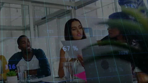 Discussing documents, business team with data processing animation overlay in Stock Footage 306268235