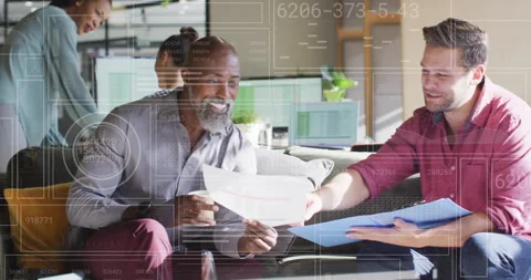 Discussing documents, diverse colleagues with digital data processing animation Stock Footage 304643464