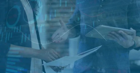 Discussing documents over financial data processing animation, business people Stock Footage 304309030