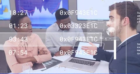 Discussing hexadecimal code animation, diverse team in business meeting Stock Footage 304575242