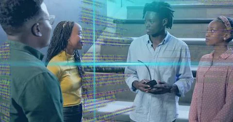 Discussing holographic code overlay on steps, four peers with man in blue shirt Stock Photos
