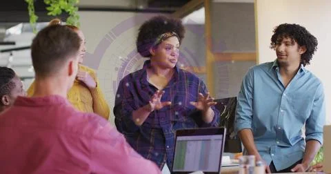 Discussing ideas, diverse team collaborating over image of graphs and charts Stock Illustration