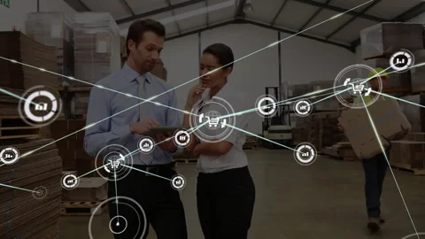 Discussing inventory, warehouse workers with network and logistics animation in Stock Footage 303951296