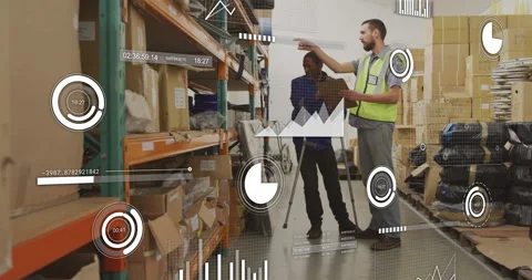 Discussing inventory, warehouse workers using data analytics overlay for Stock Footage 303419555