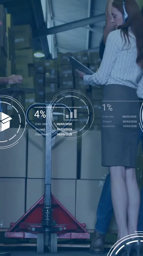 Discussing logistics, warehouse workers with data processing animation overlay Stock Footage 319617488