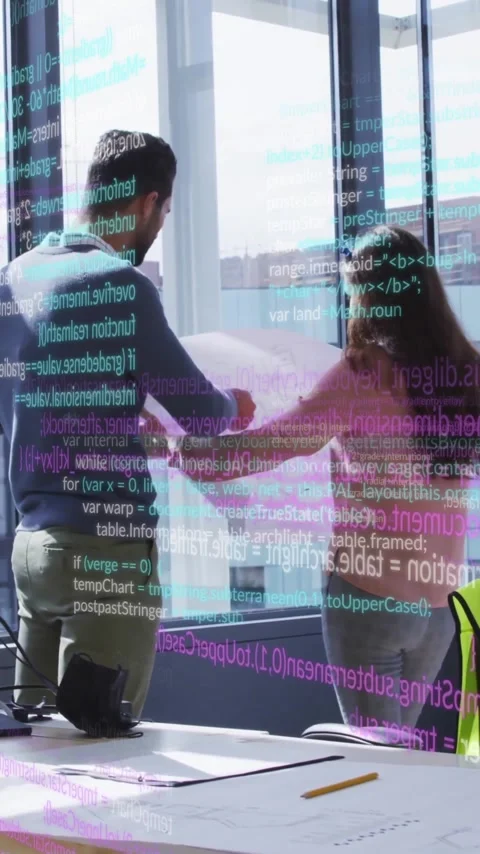 Discussing plans, people in office with digital code overlay and animation Stock Footage 319617232
